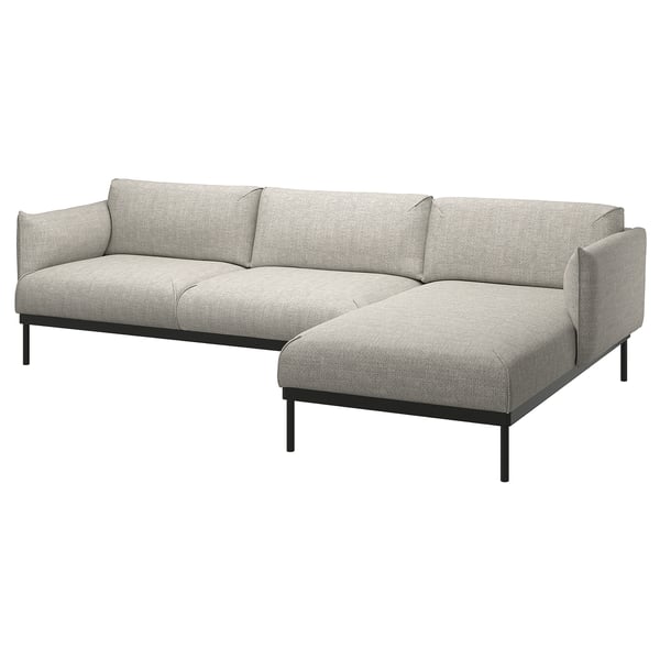 Modern gray l-shaped sofa with metal legs and cushions.