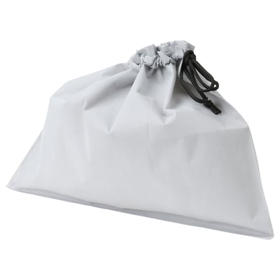 A white, compact AJÖSS waste sorting bag. Made of polypropylene, it has a drawstring closure for easy transport and recycling.