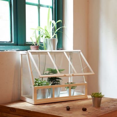 ÅKERBÄR greenhouse: white, steel, insulated, hinged front, indoor/outdoor.