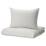 ÅKERFIBBLA duvet set, checkered white/black. Soft cotton/linen, pre-washed, with button closure. Rectangle shape, clean design.