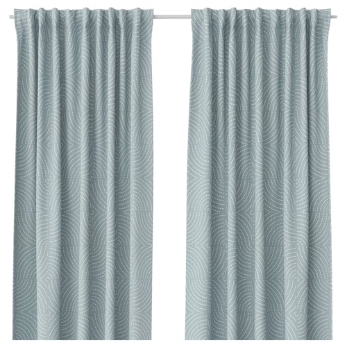 ÅKERMOLKE curtains, blue with white swirls, recycled polyester, rectangular panels.