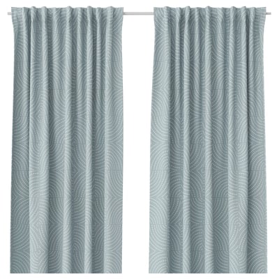 ÅKERMOLKE curtains, blue with white swirls, recycled polyester, rectangular panels.