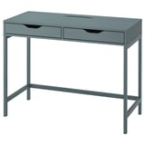 An ALEX desk in blue. Its rectangular with two drawers, metal legs, and a sleek design.
