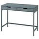 Option: An ALEX desk in blue. Its rectangular with two drawers, metal legs, and a sleek design.