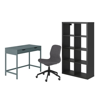 Set: green desk, grey chair, black shelf. Modern, functional workspace set-up.