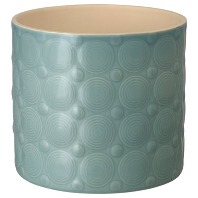 ALGERGRAN blue stoneware planter, circular textured design, wide & shallow cylinder.