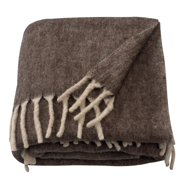 ALLFRAKEN grey folded wool blanket, white fringes, soft, cosy.