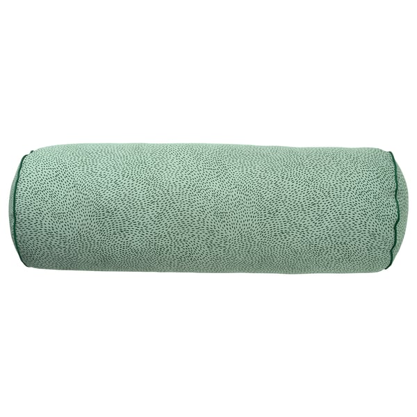 A green ALPTALL bolster pillow. Its cylindrical, covered in textured fabric, and made from recycled materials.
