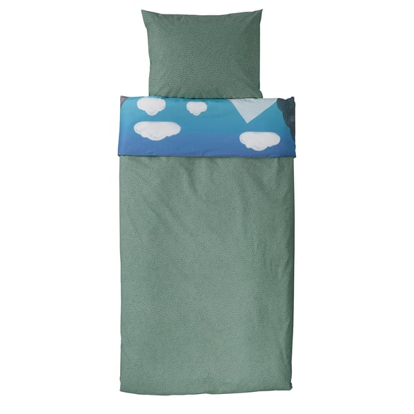 ALPTALL duvet set, green with blue cloud pattern, cotton-viscose blend, rectangular with pillow.