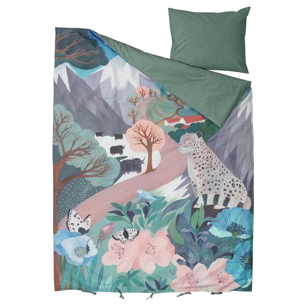 ALPTALL Duvet cover and pillowcase, blue green/The Himalayas, 150x200/50x60 cm