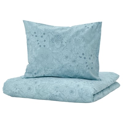 ALPTALL Duvet cover and pillowcase, blue/Himalayan animals and plants, 150x200/50x60 cm