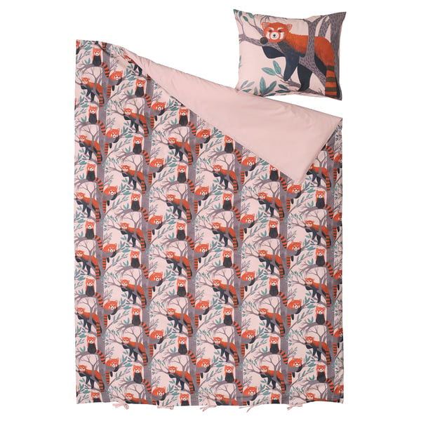 ALPTALL Duvet cover and pillowcase, pink/red panda pattern, 150x200/50x60 cm
