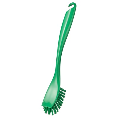 Green dish brush with scraper edge, long handle, and hanging hole, made of recycled plastic.