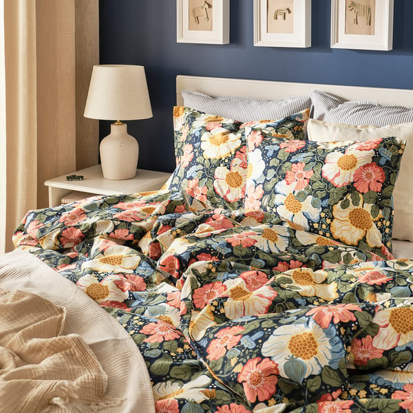 ARENBOK Duvet cover and pillowcase, dark blue/floral pattern, 150x200/50x60 cm