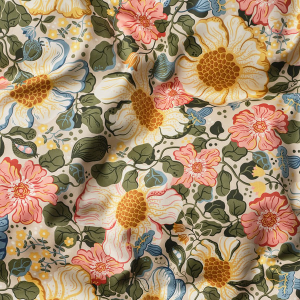 Floral patterned pillowcase, soft sateen fabric, various colours on beige base.