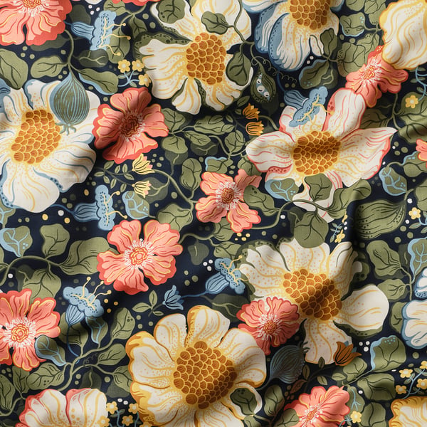 Expressive floral pattern on dark blue, silky pillowcase with soft sateen-woven cotton/lyocell blend, luxurious feel.