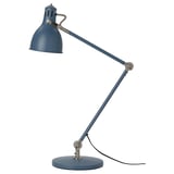 A blue ARÖD desk lamp with an adjustable metal arm, perfect for reading or work.