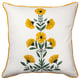 Decorative square throw pillow named AROMATISK with yellow floral design on white cotton, bordered by yellow piping.