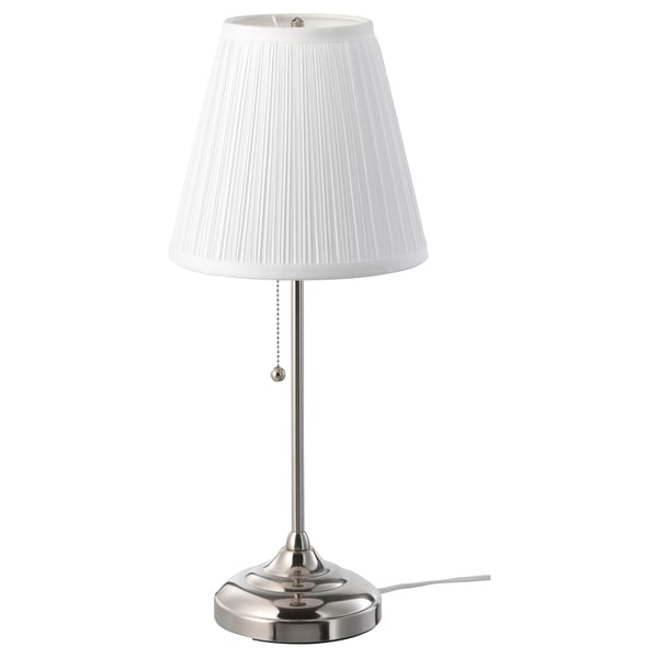 ÅRSTID silver table lamp with white shade, simple, elegant design, textile shade for diffused light, steel base with nickel finish.