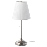 ÅRSTID silver table lamp with white shade, simple, elegant design, textile shade for diffused light, steel base with nickel finish.