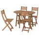Brown wooden patio set, ASKHOLMEN, includes small table & four folding chairs.