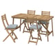 Wood outdoor dining set with 4 foldable chairs, light brown finish, grey cushions.