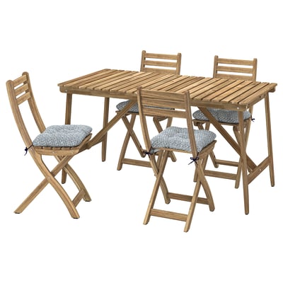 Wood outdoor dining set with 4 foldable chairs, light brown finish, grey cushions.