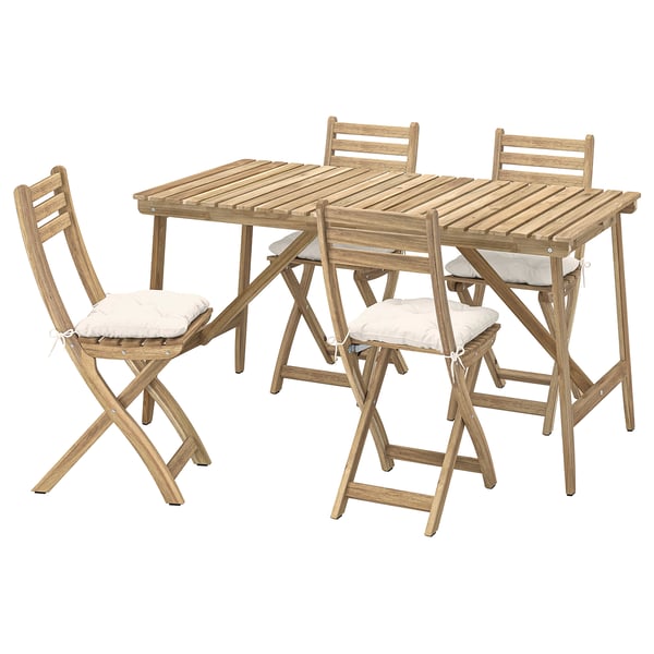 ASKHOLMEN set includes table, 4 chairs, acacia wood, light beige cushions, foldable chairs.