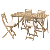 ASKHOLMEN set includes table, 4 chairs, acacia wood, light beige cushions, foldable chairs.