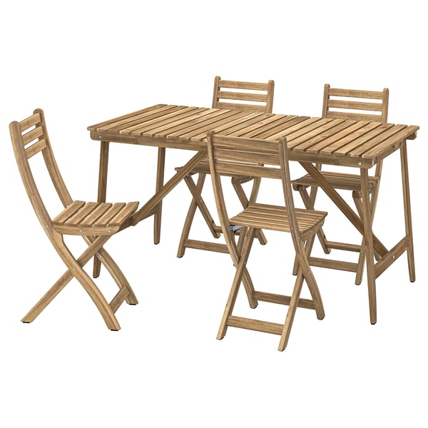 Askholm wooden outdoor set: 4 foldable chairs and table, natural brown, rectangular, simple design.
