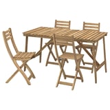 Askholm wooden outdoor set: 4 foldable chairs and table, natural brown, rectangular, simple design.