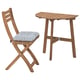 Sturdy brown wooden chair with cushion, paired with a rectangular wooden table, designed for outdoors.