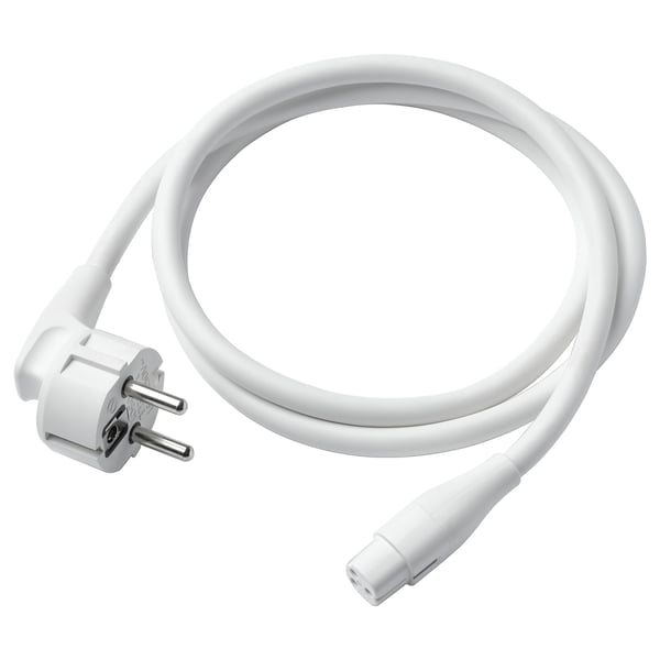 White power cord, ÅSKVÄDER brand, slim design, pvc and polycarbonate, coiled shape, neat and clean look.
