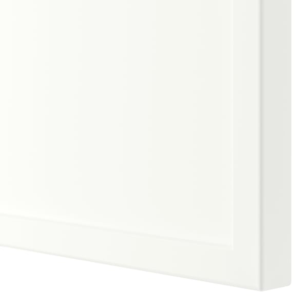 Close-up of sleek, white cabinet front showcasing thin, elegant frame and smooth finish.