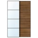 This image shows AULI sliding doors, one mirrored, one wood-look. Aluminum frame, sleek design, vertical panels.