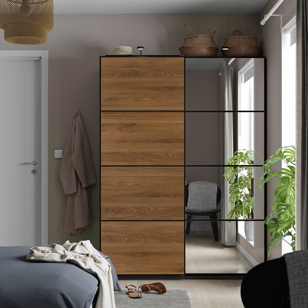 AULI / MEHAMN Pair of sliding doors, black mirror glass/double sided walnut, 150x201 cm
