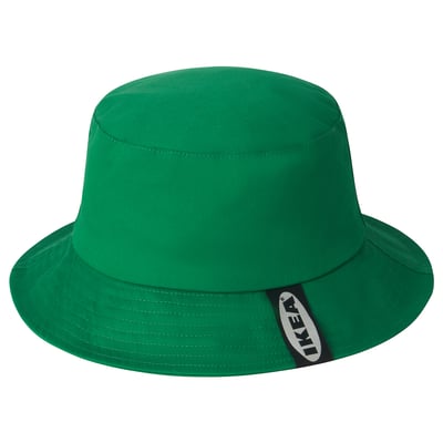Bright green bucket hat with wide brim and dark brand tag on side.