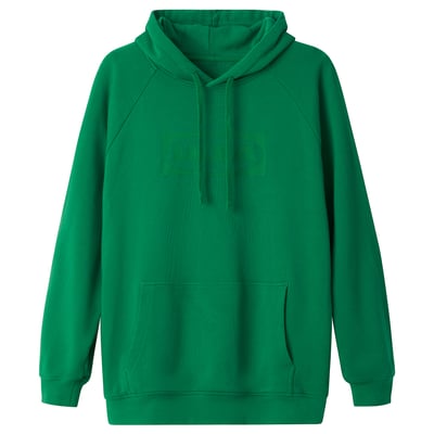 Bright green hoodie, casual fit, front pocket, 100% cotton.