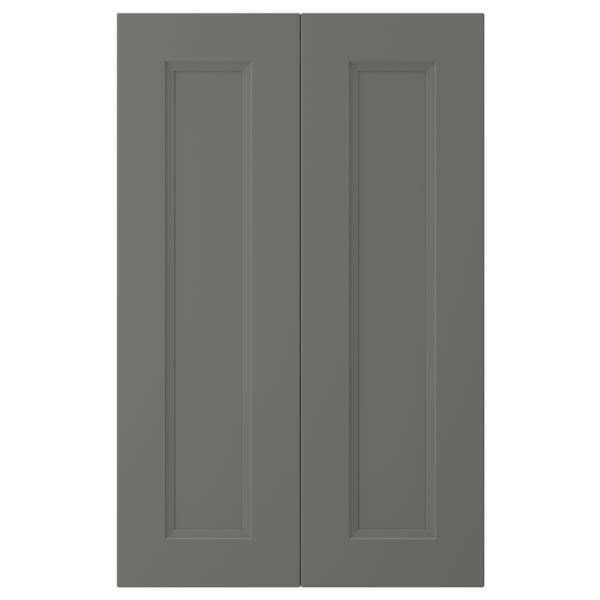 Two dark grey cabinet doors with inset panels, simple rectangular design, placed side by side.