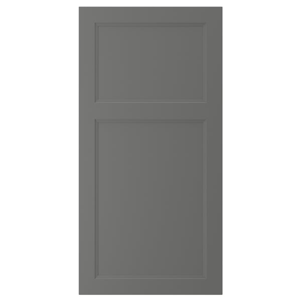 A dark grey AXSTAD kitchen cabinet door with a timeless design featuring inset panels and soft lines.