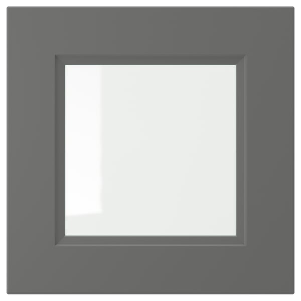AXSTAD dark grey kitchen cabinet with glass center, sleek design.