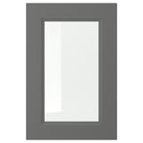 Grey cabinet door with glass panel, modern design.