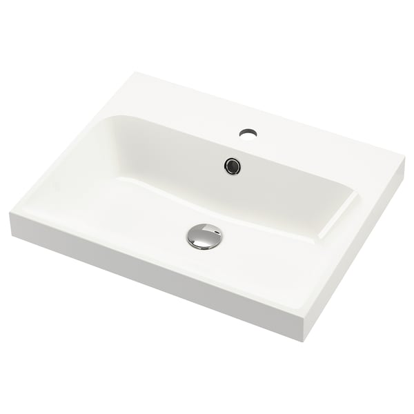 A white rectangular BACKSJÖN washbasin with a modern design, featuring a sleek chrome drain, made of crushed marble.