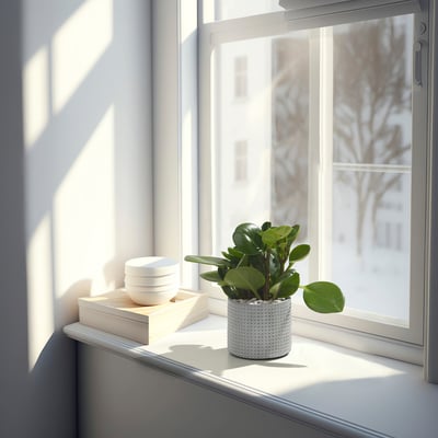 Plant on windowsill with sunlight, bowls, book.