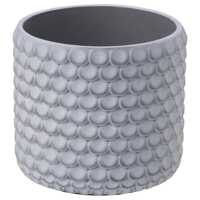 Round, gray concrete planter with textured scale design, flat bottom.