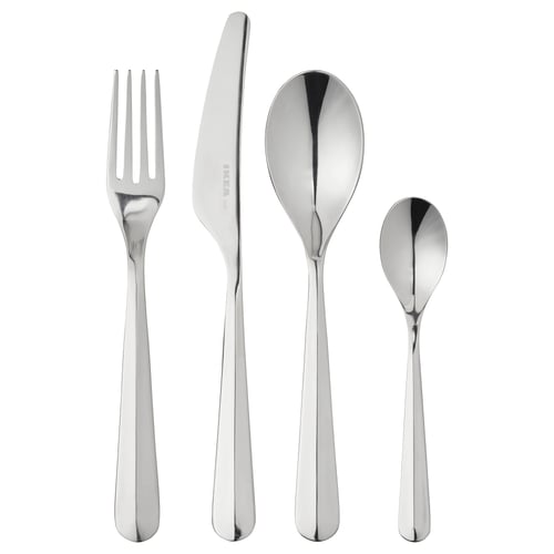 Four-piece BÄCKÖRING cutlery set, silver stainless steel, including fork, knife, soup spoon, and teaspoon, with sleek handles.
