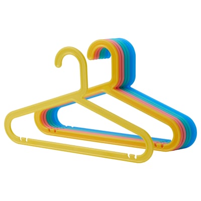 Rainbow-colored kids clothing hangers, bright yellow, blue, orange, plastic, curved design, uniform size.