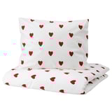 Heart-patterned white duvet and pillow set. Red hearts, soft cotton, zipper closure.
