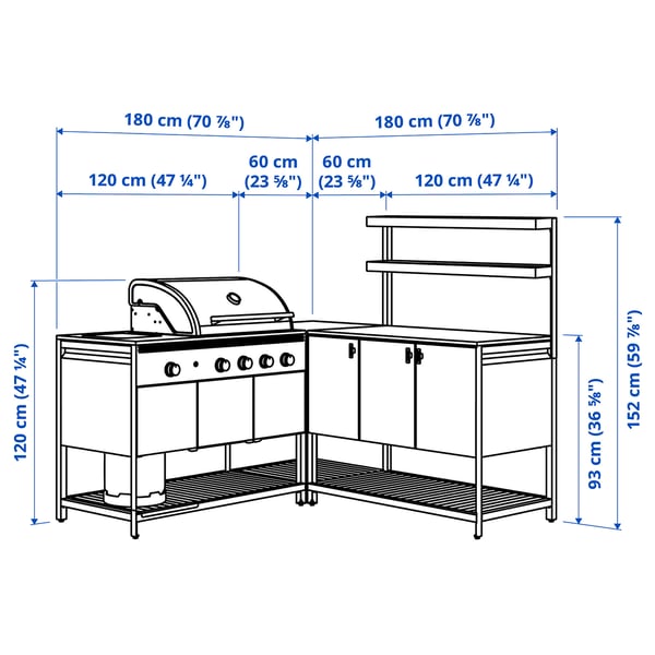 BÅTSKÄR Outdoor kitchen w gas barbecue, dark grey, 180x180x152 cm