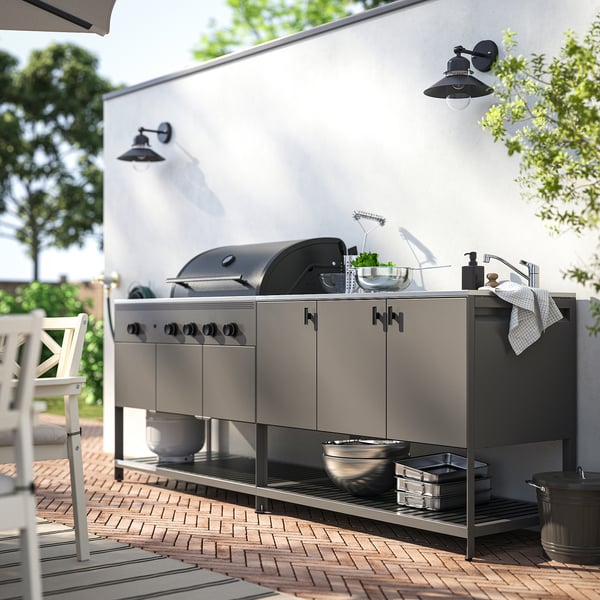 BÅTSKÄR Outdoor kitchen w gas bbq+sink unit, dark grey, 240x60 cm